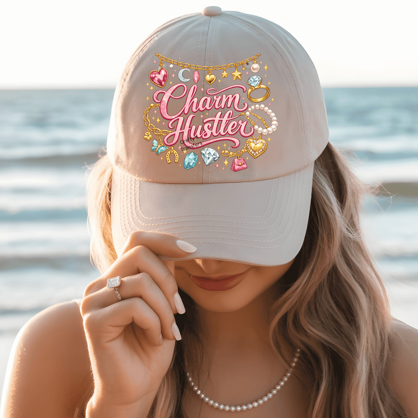 Charm Hustler DTF Transfer – Pink Girly Jewelry Graphic Tee Design – Coquette Boutique Shirt Transfer – Glam Accessory Lover Graphic