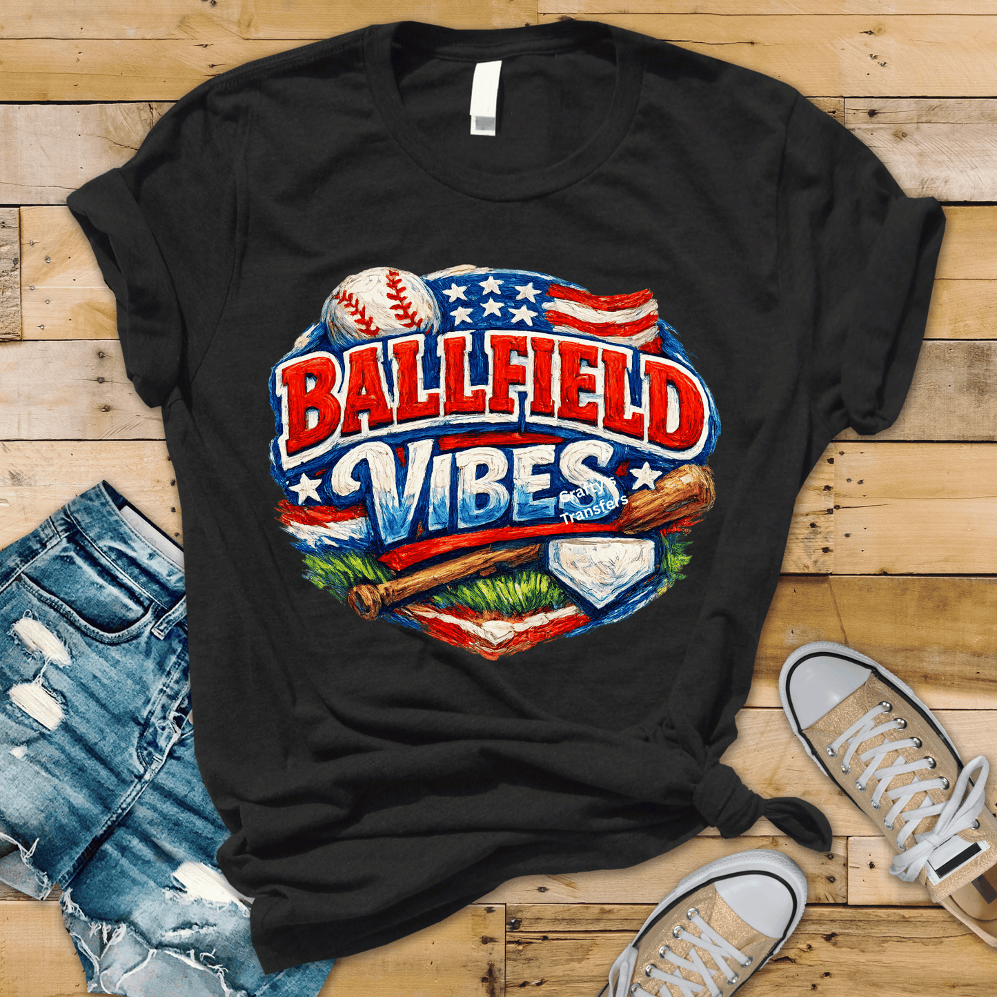 Ballfield Vibes DTF Transfer – Patriotic Baseball Graphic Tee Design – Red White Blue Sports Shirt Transfer – Americana Game Day Graphic