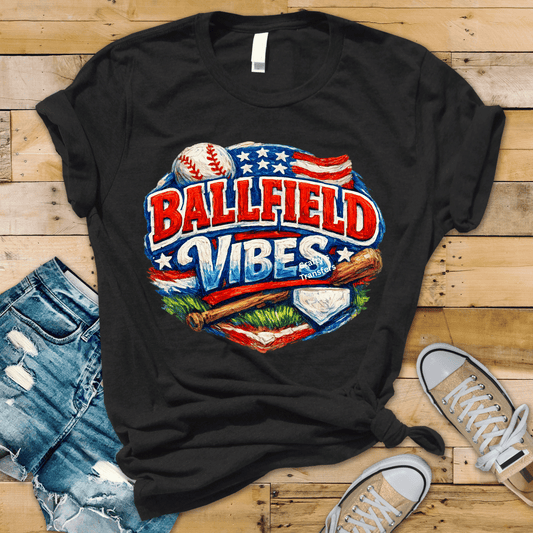 Ballfield Vibes DTF Transfer – Patriotic Baseball Graphic Tee Design – Red White Blue Sports Shirt Transfer – Americana Game Day Graphic
