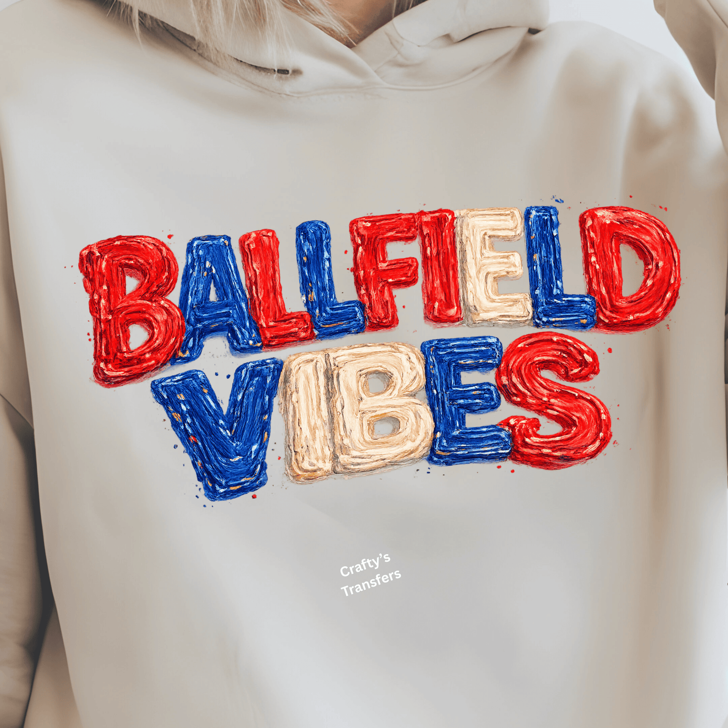 Ballfield Vibes DTF Transfer – Patriotic Baseball Lettering Design – Red White Blue Game Day Shirt Transfer – Americana Sports Graphic