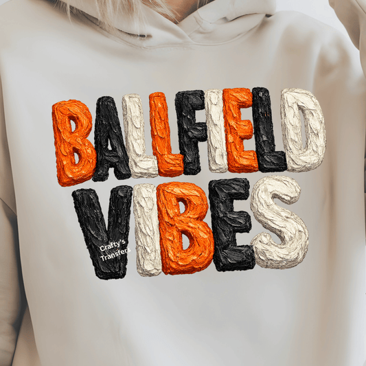 Ballfield Vibes DTF Transfer – Orange Black Cream Baseball Lettering – Game Day Sports Shirt Transfer – Bold Team Spirit Graphic