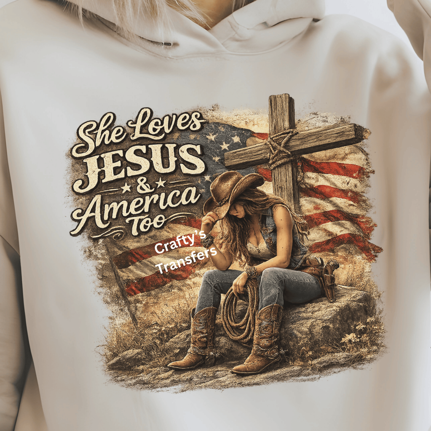 She Loves Jesus & America Too DTF Transfer – Patriotic Cowgirl Christian Graphic – Western Faith Shirt Transfer – Rustic Americana Boutique Design