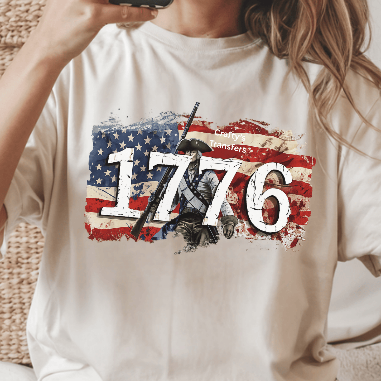 1776 Patriotic DTF Transfer – Revolutionary War Americana Graphic – Distressed American Flag Fourth of July Shirt Transfer