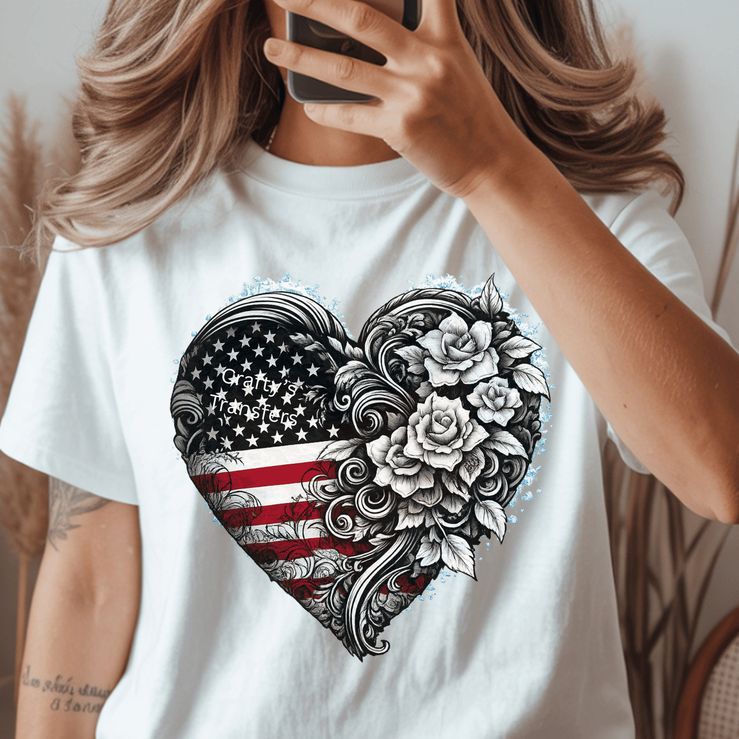 Patriotic Floral Heart DTF Transfer – American Flag Heart Shirt Transfer – Red White Blue USA Graphic Heat Press Design