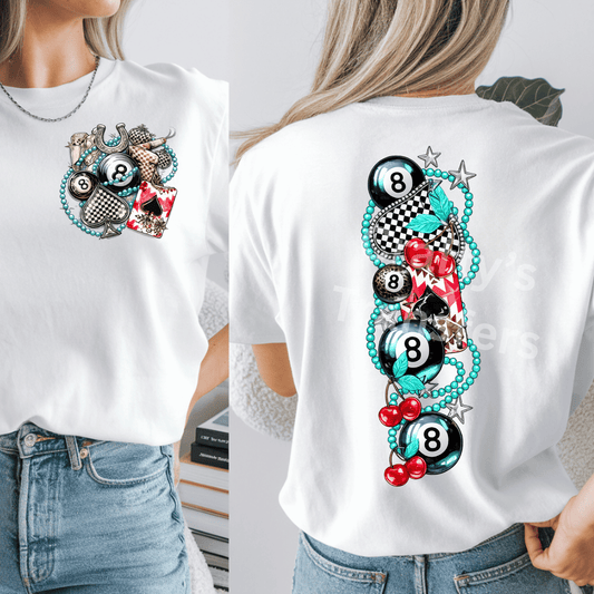 Retro Western Poker 8 Ball DTF Transfer – Turquoise Cowgirl Card Design – Vintage Western Graphic Tee Transfer – Front & Back Set