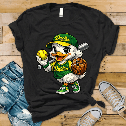 Oregon Ducks Inspired Softball Duck DTF Transfer – Cute Ducks Mascot Softball Shirt Transfer – Green Yellow Game Day Heat Press Design