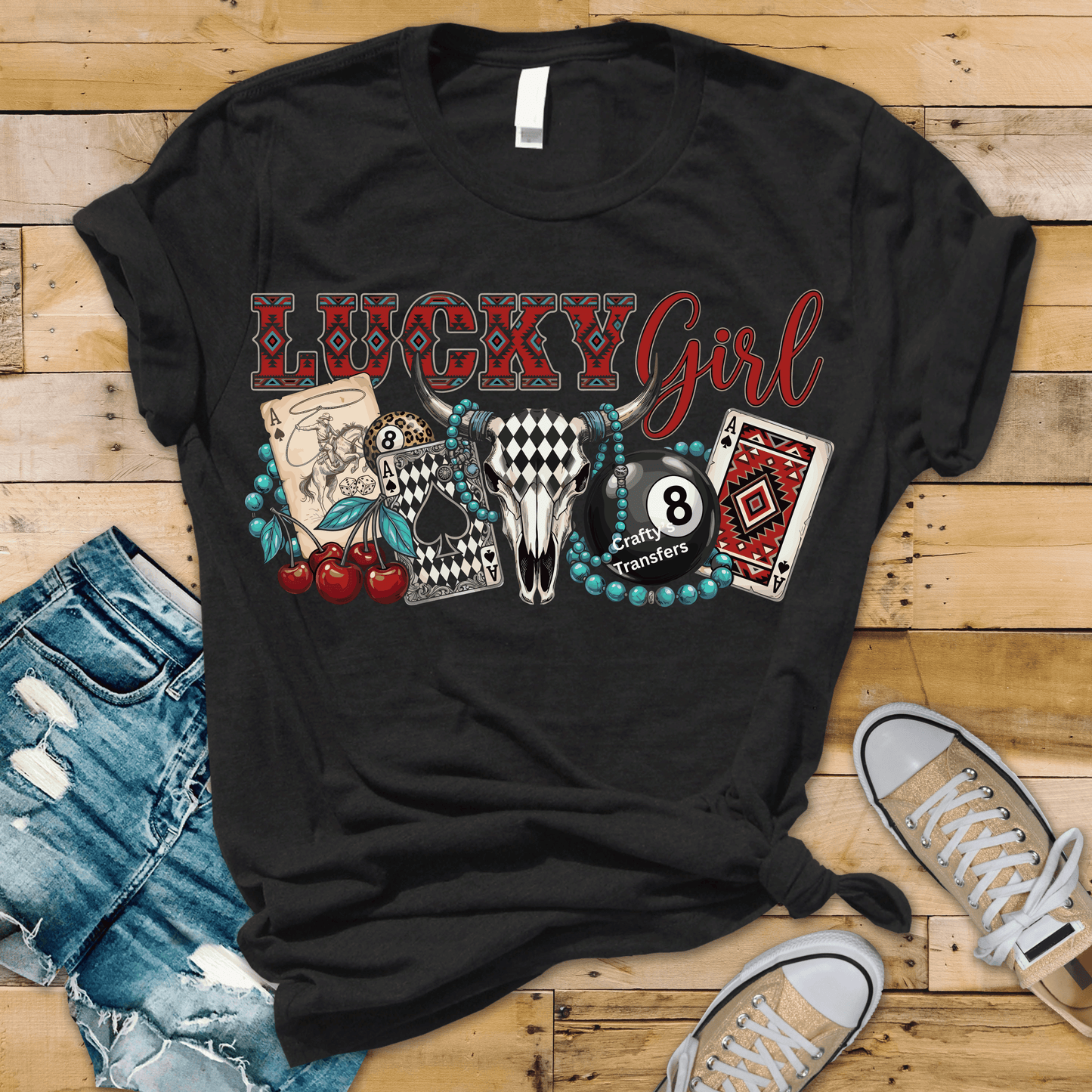 Lucky Girl Western DTF Transfer – Cow Skull Aztec Card Cherry 8 Ball Heat Press Transfer – Turquoise Rodeo Graphic Shirt Design