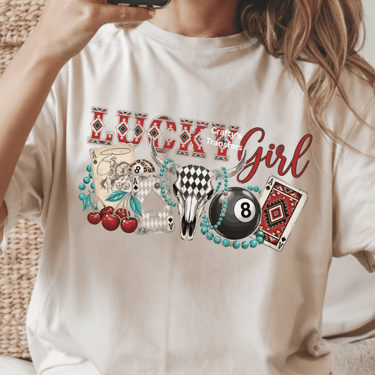 Lucky Girl Western DTF Transfer – Cow Skull Aztec Card Cherry 8 Ball Heat Press Transfer – Turquoise Rodeo Graphic Shirt Design