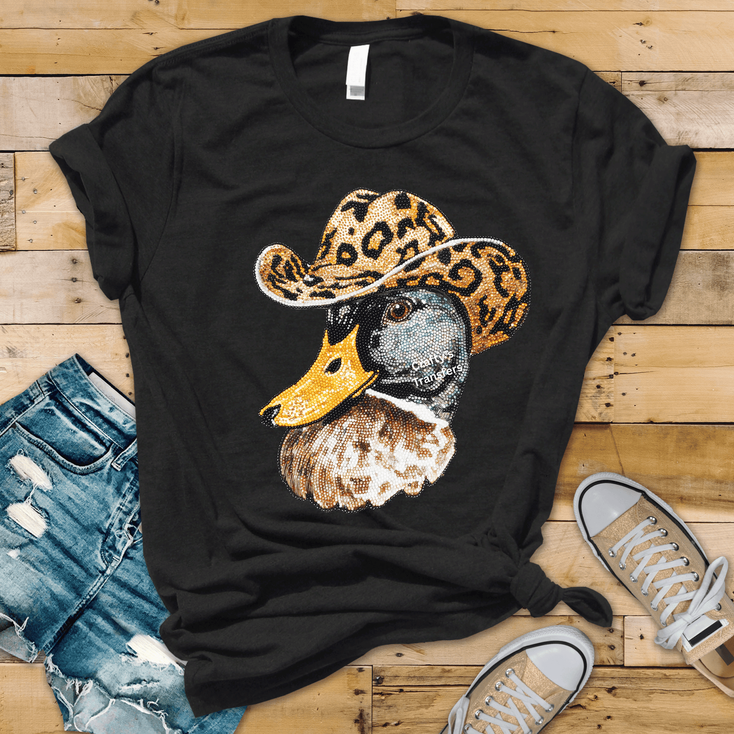 Bling Duck in Leopard Cowboy Hat DTF Transfer – Western Rhinestone Style Duck Heat Press Transfer – Cute Cowgirl Boutique Shirt Design