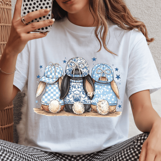 Blue Bunny Trio DTF Transfer | Coquette Easter Bunnies with Pearl Bow Hats | Spring Cute Rabbit Shirt Transfer | Vintage Blue Toile Checkered Design