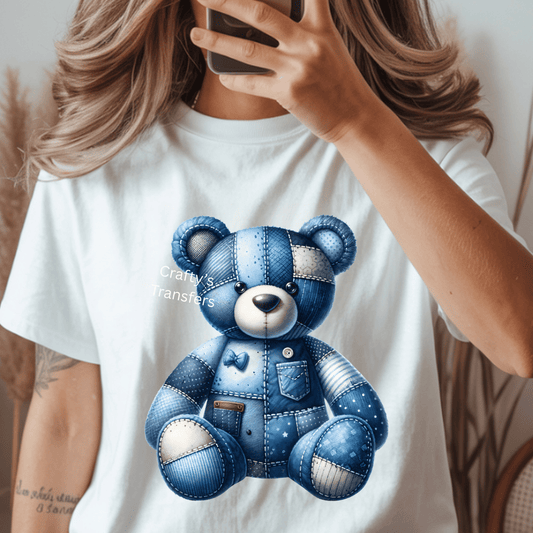 Blue Denim Patchwork Teddy Bear DTF Transfer | Cute Quilted Bear Design | Rustic Boutique Kids Shirt Transfer | Vintage Denim Animal Graphic