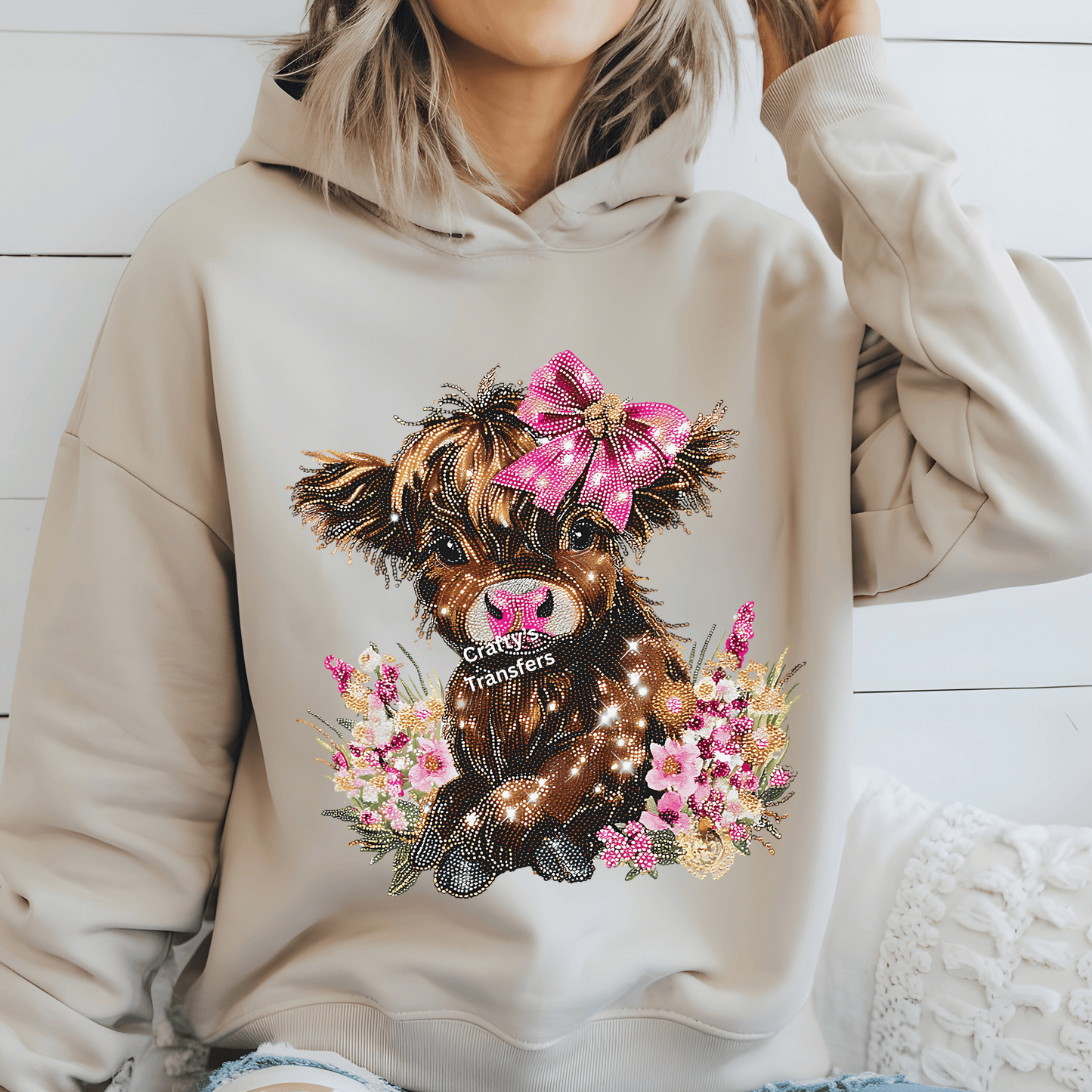 Bling Highland Cow DTF Transfer | Sparkly Cow with Pink Bow & Flowers | Cute Western Glitter Style Shirt Design | Boutique Cowgirl Transfer