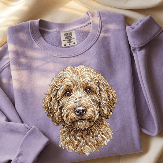 Bling Goldendoodle DTF Transfer | Sparkly Doodle Dog Rhinestone Style Design | Cute Curly Dog Shirt Transfer | Boutique Pet Lover Graphic