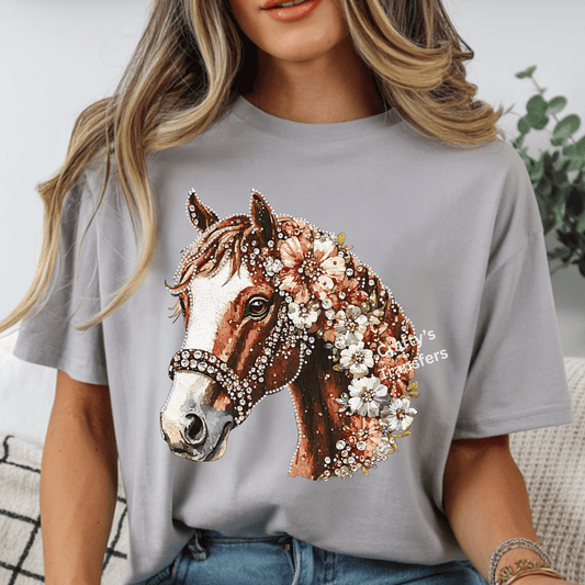 Bling Floral Horse DTF Transfer | Sparkly Western Horse with Flowers | Rhinestone Style Cowgirl Shirt Design | Boutique Rodeo Graphic