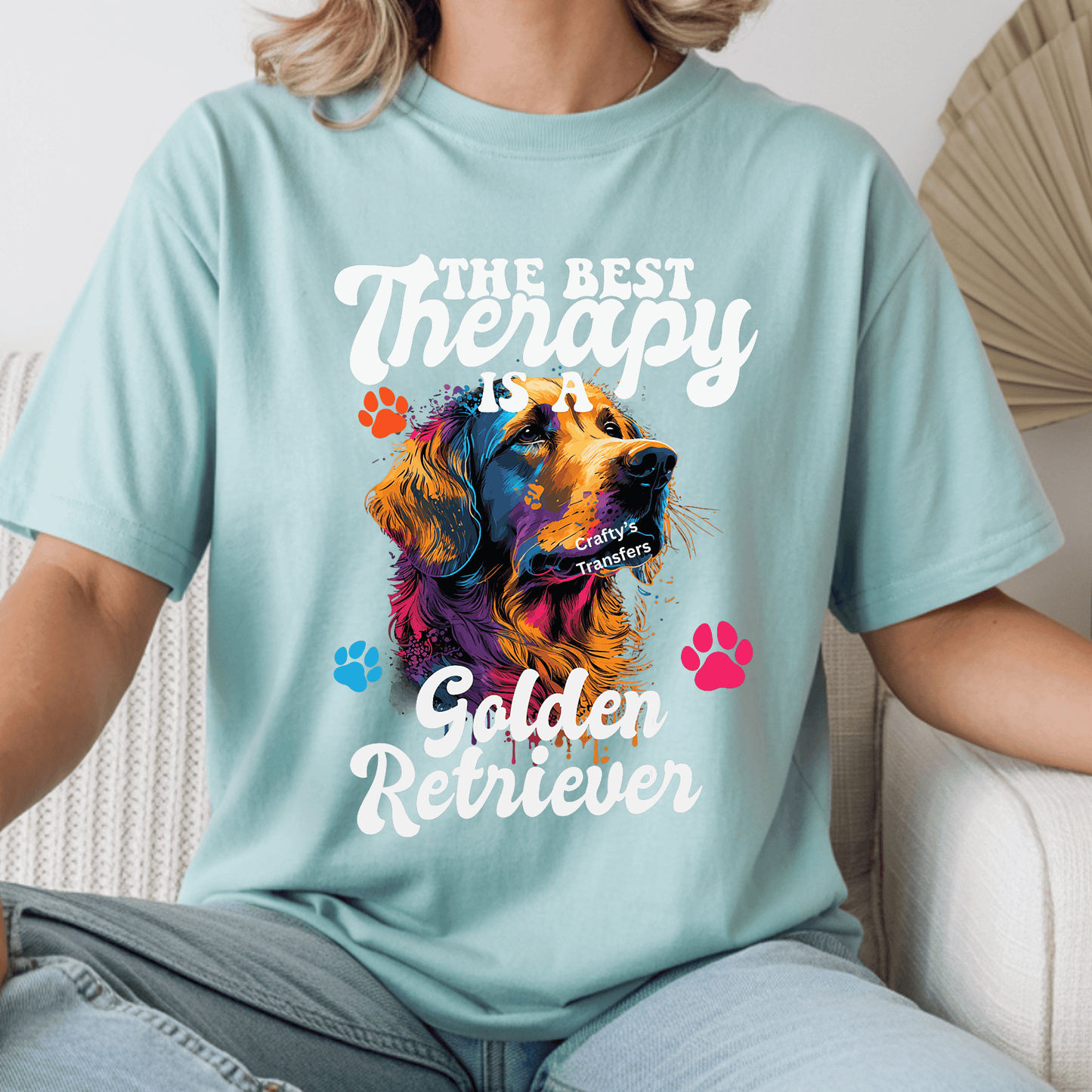 Golden Retriever Therapy Dog DTF Transfer | Colorful Dog Mom Shirt Design | “The Best Therapy is a Golden Retriever” Graphic | Pet Lover Transfer