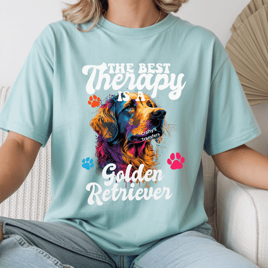 Golden Retriever Therapy Dog DTF Transfer | Colorful Dog Mom Shirt Design | “The Best Therapy is a Golden Retriever” Graphic | Pet Lover Transfer