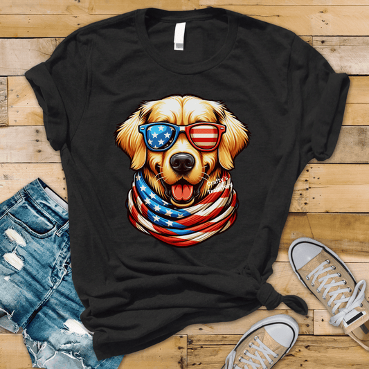 Patriotic Golden Retriever DTF Transfer | 4th of July Dog with American Flag Sunglasses | USA Dog Shirt Design | Independence Day Graphic