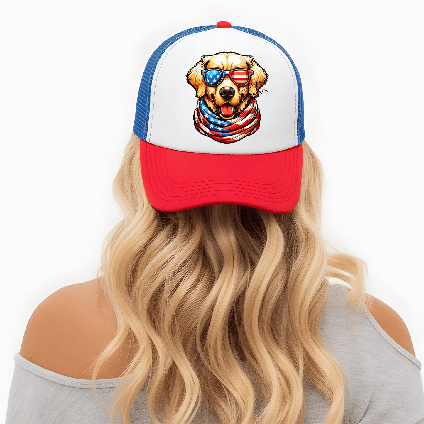 Patriotic Golden Retriever DTF Transfer | 4th of July Dog with American Flag Sunglasses | USA Dog Shirt Design | Independence Day Graphic