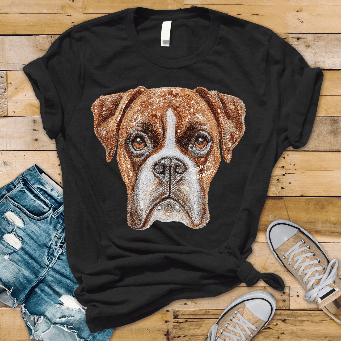 Rhinestone Boxer Dog DTF Transfer | Bling Puppy Face Western Glam Shirt Design | Sparkle Dog Lover Heat Press Transfer