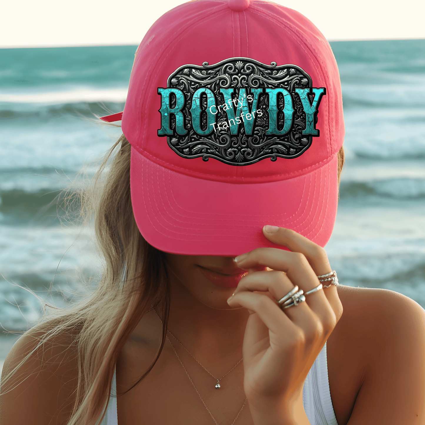 Rowdy Western Belt Buckle Hat Patch DTF Transfer | Turquoise Cowgirl Trucker Hat Design | Vintage Rodeo Cap Transfer