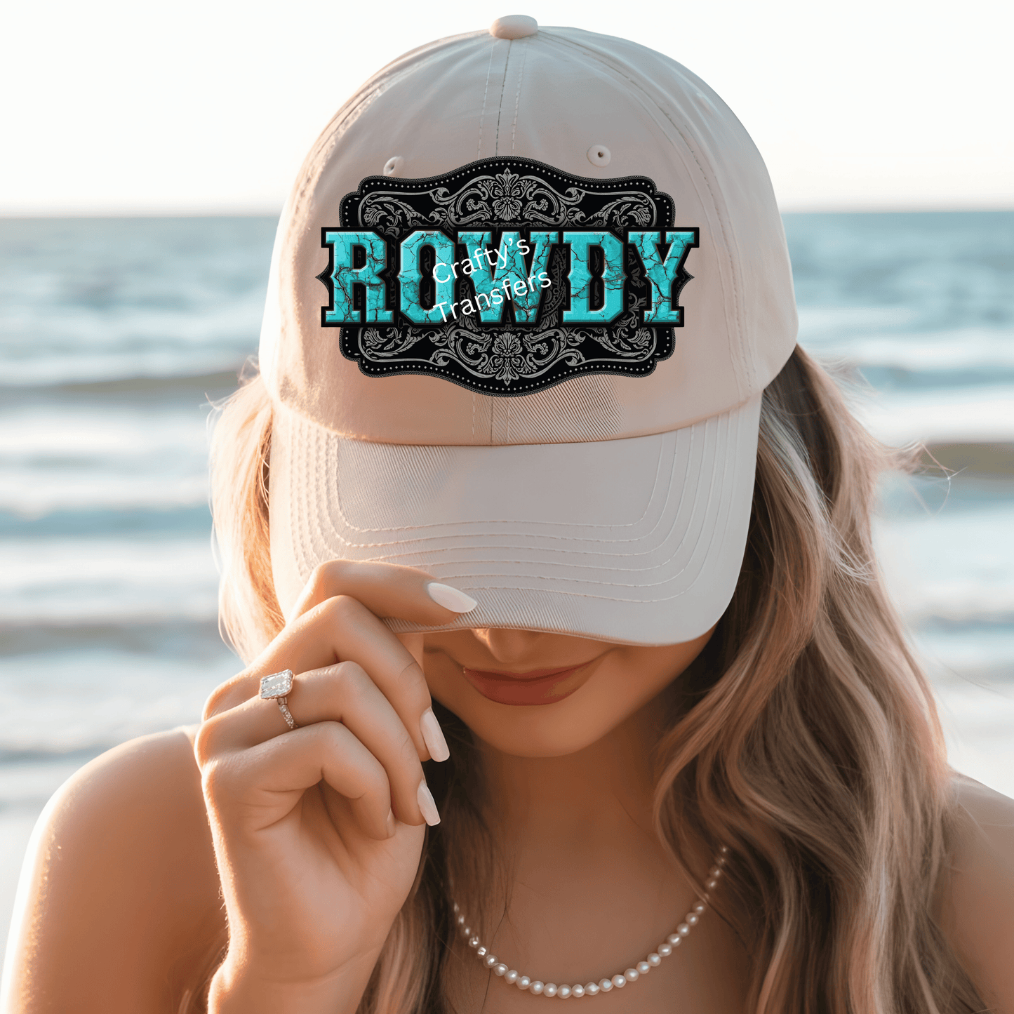 Rowdy Western Belt Buckle Hat Patch DTF Transfer | Turquoise Cowgirl Trucker Hat Design | Vintage Rodeo Cap Transfer
