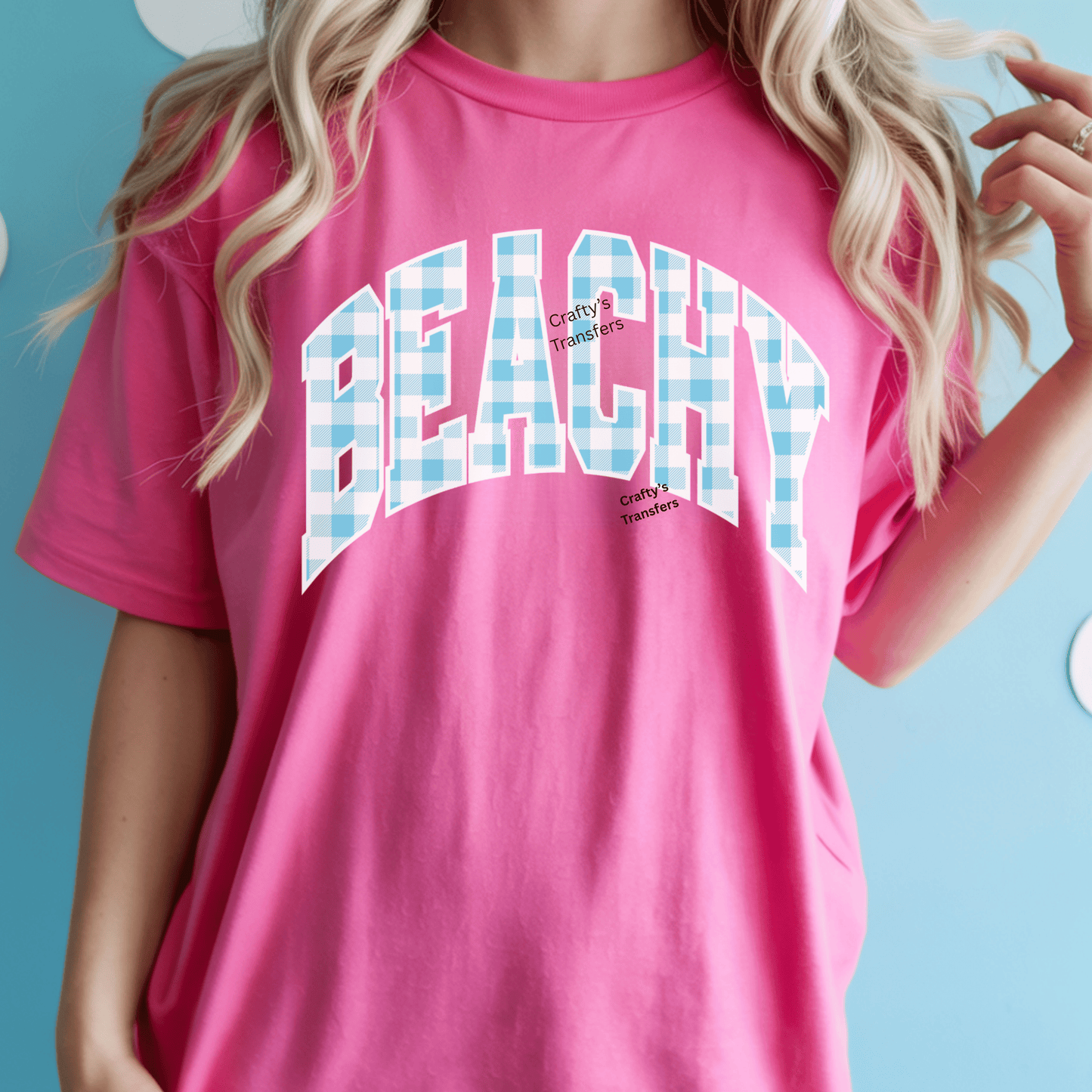 Beachy Blue Gingham DTF Transfer | Coastal Summer Graphic Tee Transfer | Preppy Beach Vibes Heat Press Design
