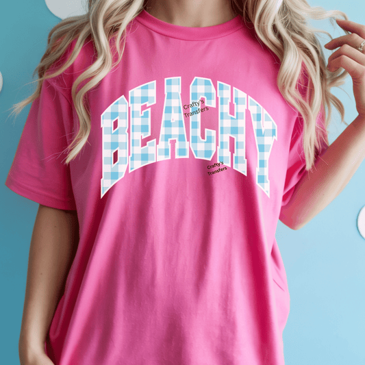 Beachy Blue Gingham DTF Transfer | Coastal Summer Graphic Tee Transfer | Preppy Beach Vibes Heat Press Design