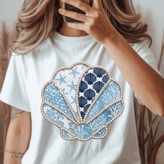 Coastal Pearl Seashell DTF Transfer | Blue Patchwork Shell Beach Design | Preppy Coastal Graphic Tee Heat Transfer