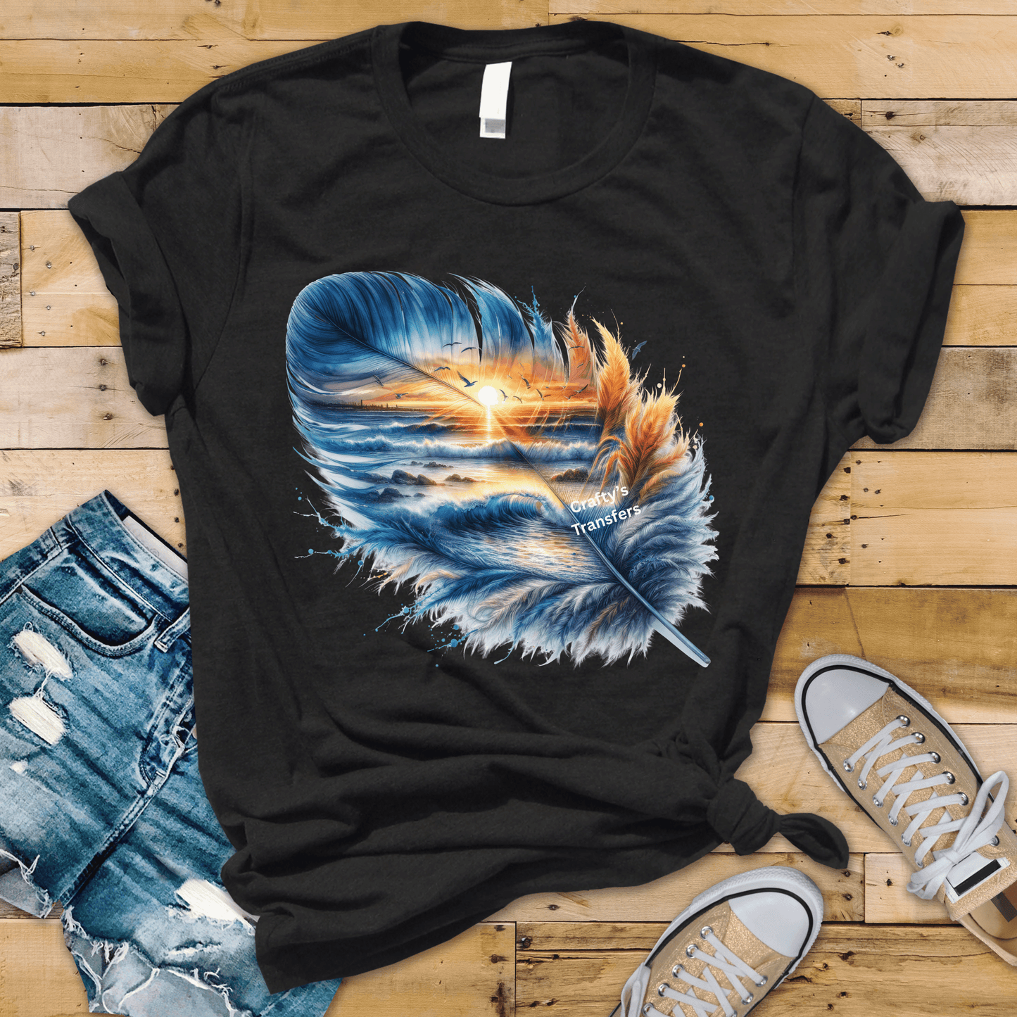 Ocean Sunset Feather DTF Transfer | Coastal Beach Wave Feather Design | Seagull Sunset Graphic | Summer Beach Shirt Transfer | Ready to Press