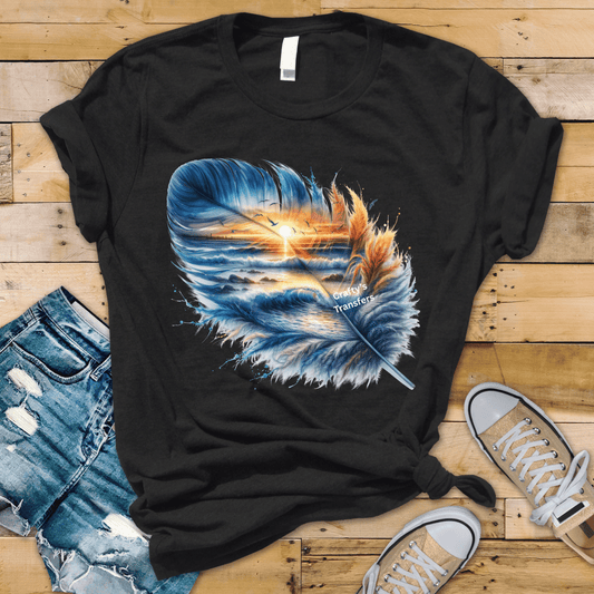 Ocean Sunset Feather DTF Transfer | Coastal Beach Wave Feather Design | Seagull Sunset Graphic | Summer Beach Shirt Transfer | Ready to Press