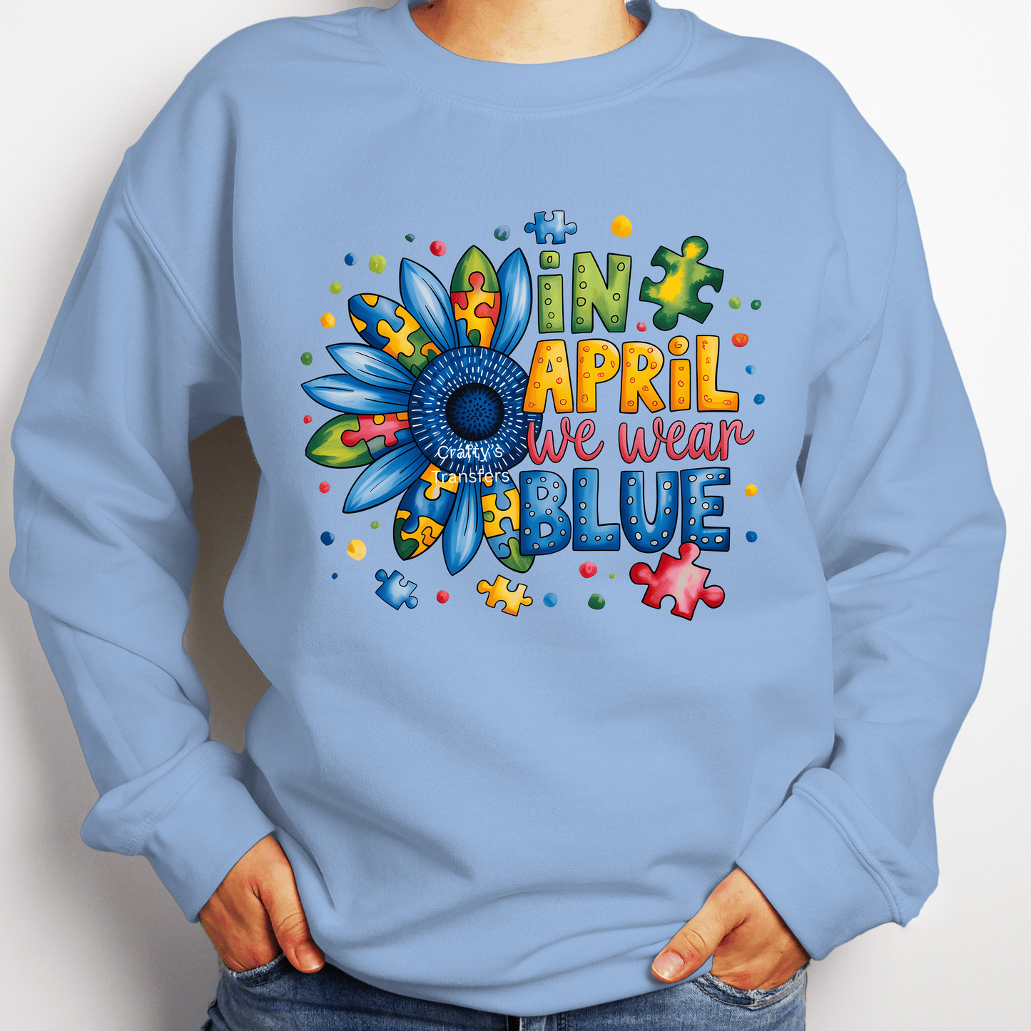 In April We Wear Blue DTF Transfer | Autism Awareness Puzzle Flower Design | Autism Acceptance Shirt Graphic | Teacher Mama Support Transfer | Ready to Press