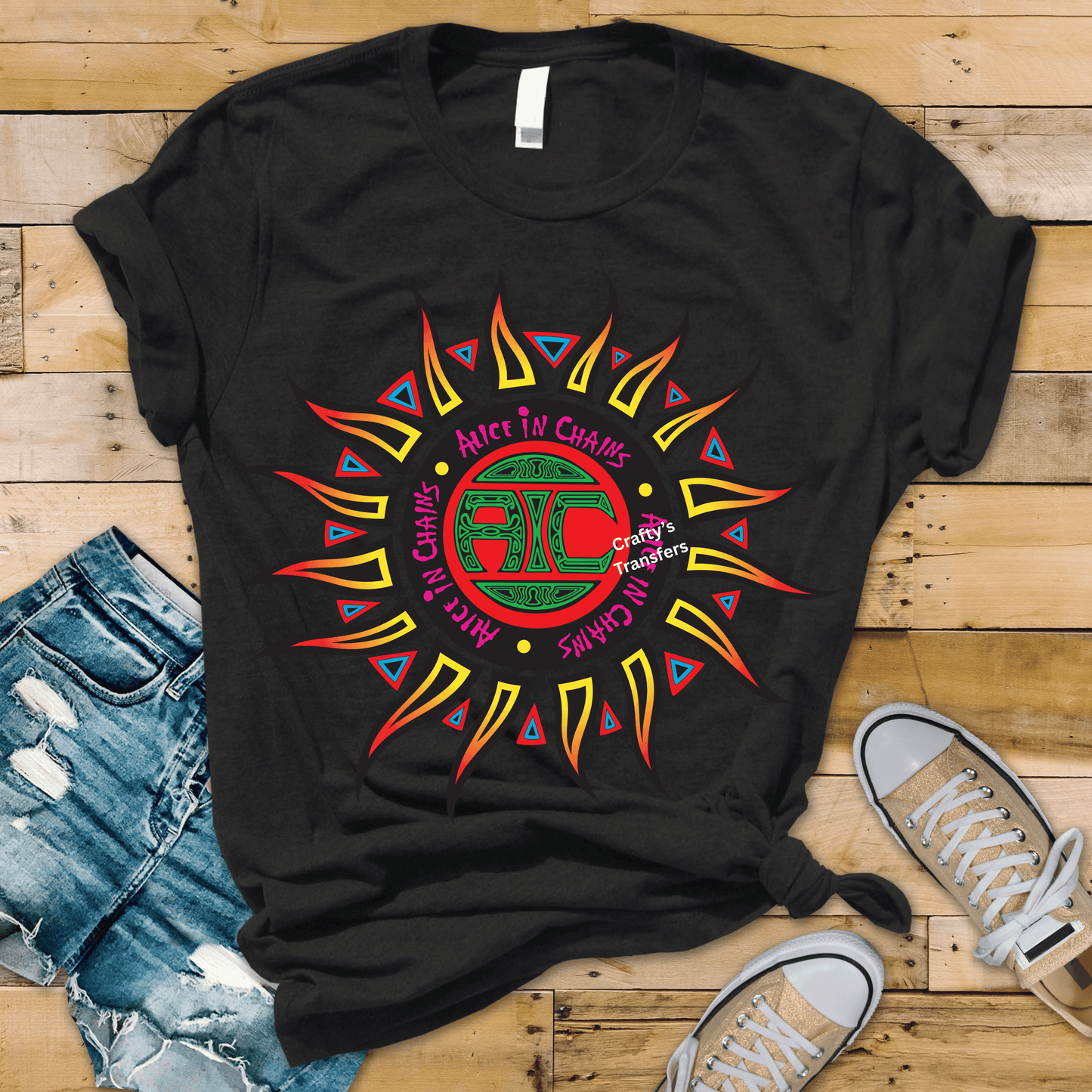 Grunge Sun Graphic DTF Transfer | Vintage 90s Rock Style Shirt Transfer | Retro Sunburst Design | Edgy Music Inspired Graphic Tee Print