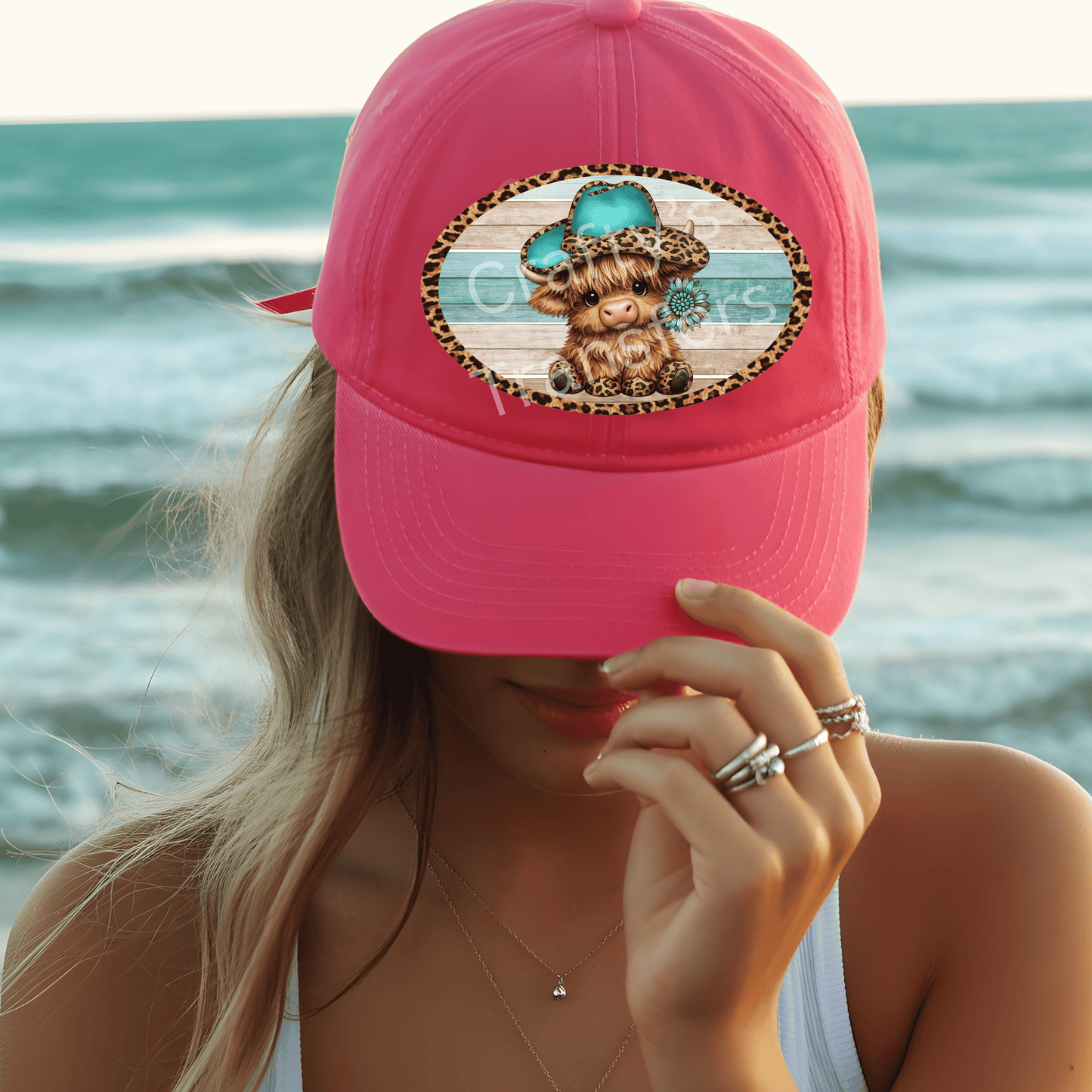 Turquoise Cowgirl Highland Cow Hat Transfer | Western Leopard Patch DTF Transfer | Cute Cow Trucker Hat Design | Western Boutique Style