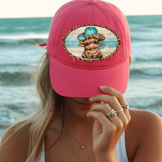 Turquoise Cowgirl Highland Cow Hat Transfer | Western Leopard Patch DTF Transfer | Cute Cow Trucker Hat Design | Western Boutique Style