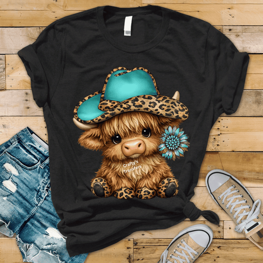 Cute Highland Cow DTF Transfer | Turquoise Cowgirl Hat Western Design | Leopard Print Cow | Western Shirt Transfer Boutique Style
