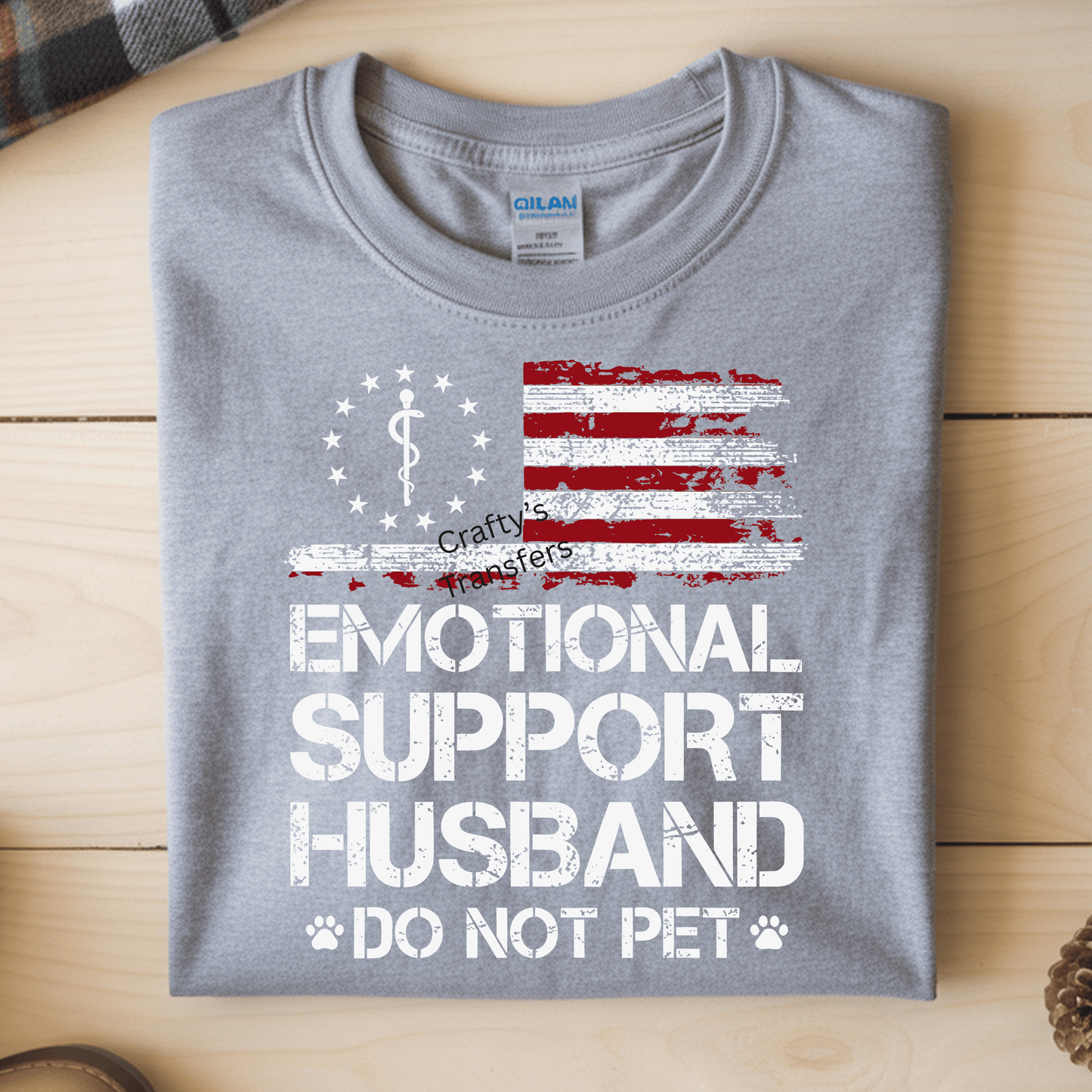 Emotional Support Husband DTF Transfer | Funny Patriotic Dog Dad Shirt Design | American Flag Graphic Tee Transfer | Pet Lover Humor