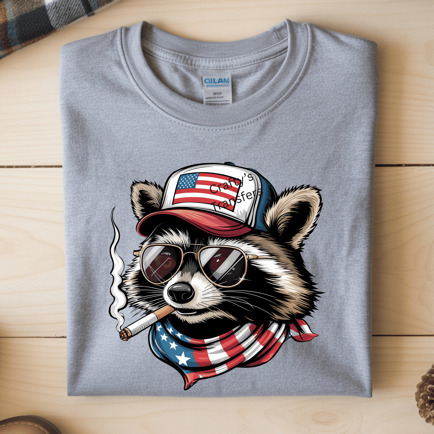 Patriotic Raccoon DTF Transfer | Funny USA Redneck Trash Panda Shirt Design | American Flag Hat Graphic Tee | 4th of July Transfer