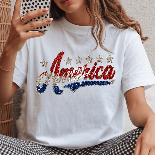 America Glitter DTF Transfer | Patriotic Red White Blue Script Design | 4th of July Shirt Transfer | Sparkle USA Graphic Tee