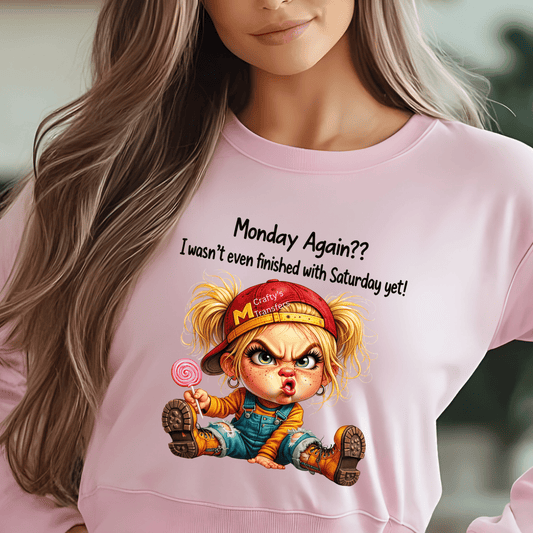 Monday Again DTF Transfer | Funny Grumpy Kid Shirt Design | I Wasn’t Even Finished With Saturday Yet | Sarcastic Humor Graphic Tee