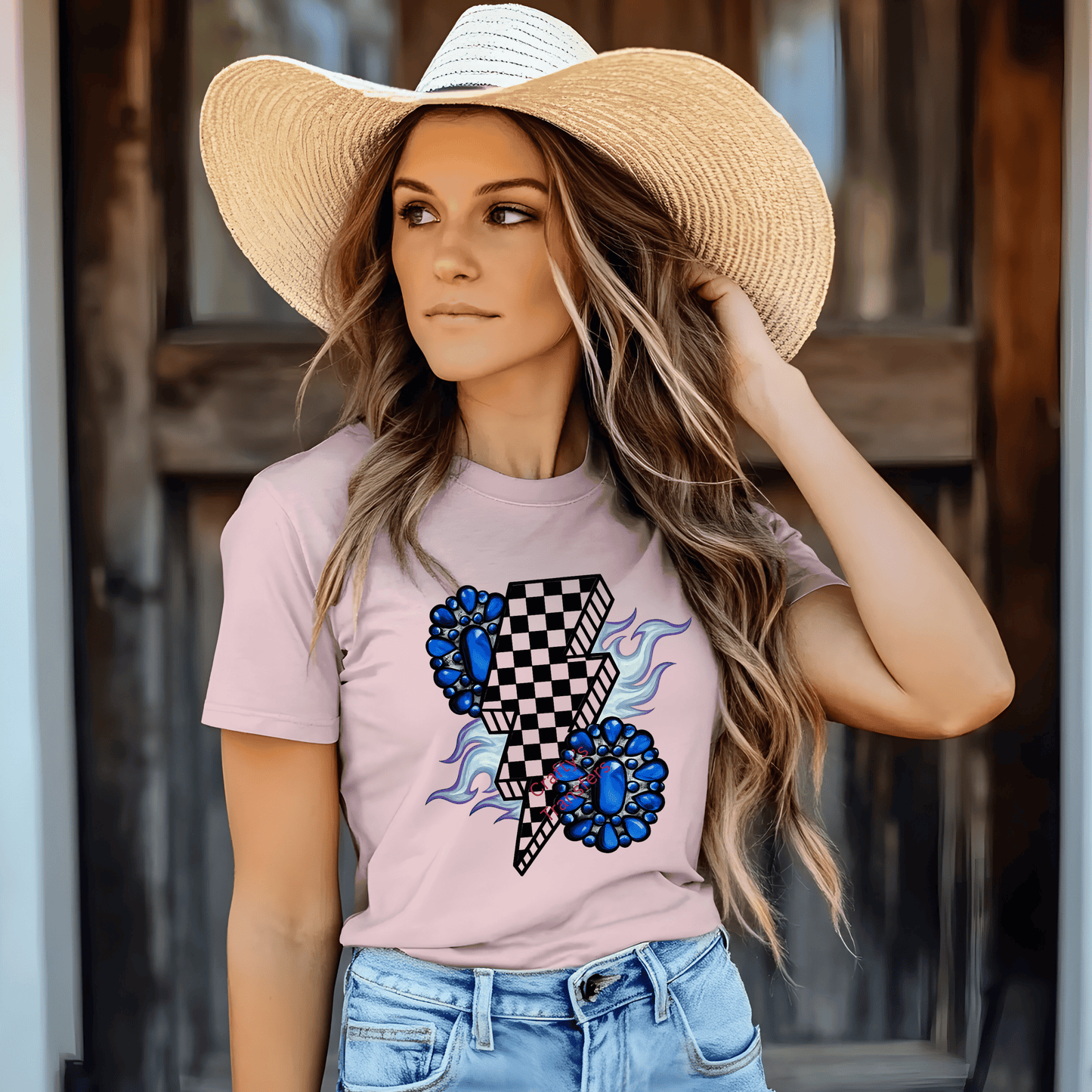 Turquoise Western Check Bolt DTF Transfer | Blue Stone Lightning Bolt Cowgirl Design | Western Graphic Tee Transfer