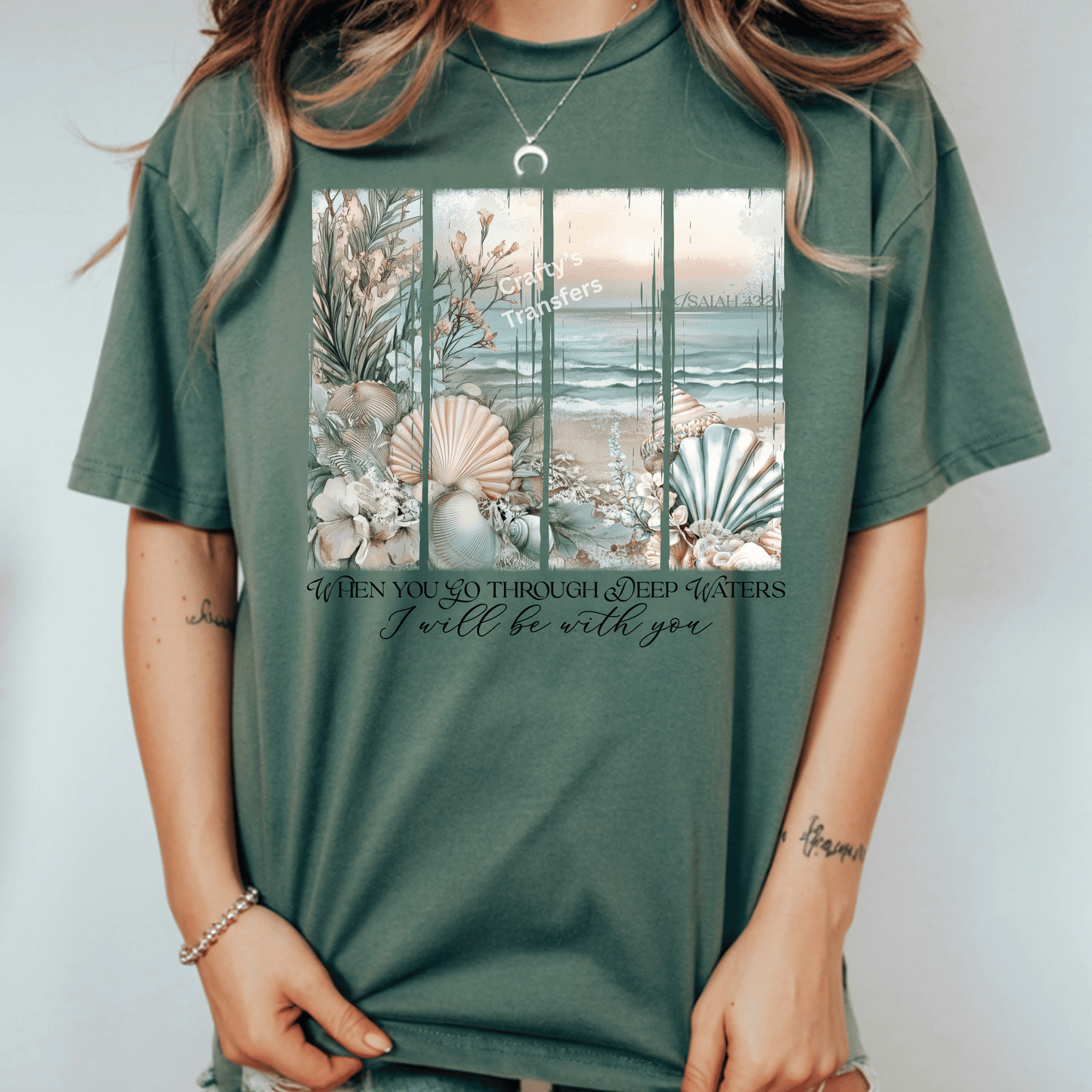 Coastal Isaiah 43:2 DTF Transfer | Beach Scripture Shirt Design | Seashell Ocean Faith Graphic