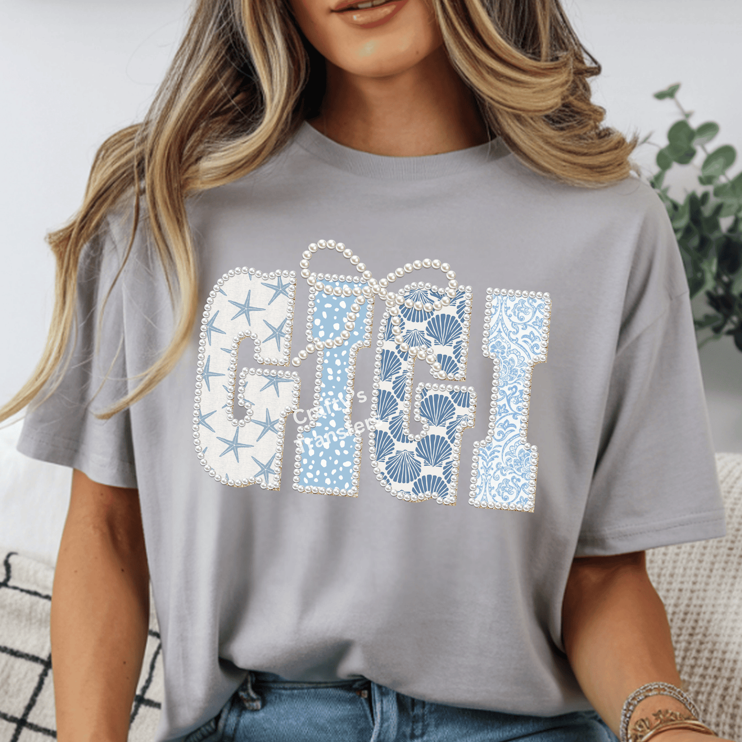 Mimi Nana Yaya Coastal DTF with Pearl Bow | Beach Gigi Shirt Design | Seashell Blue Pattern Graphic