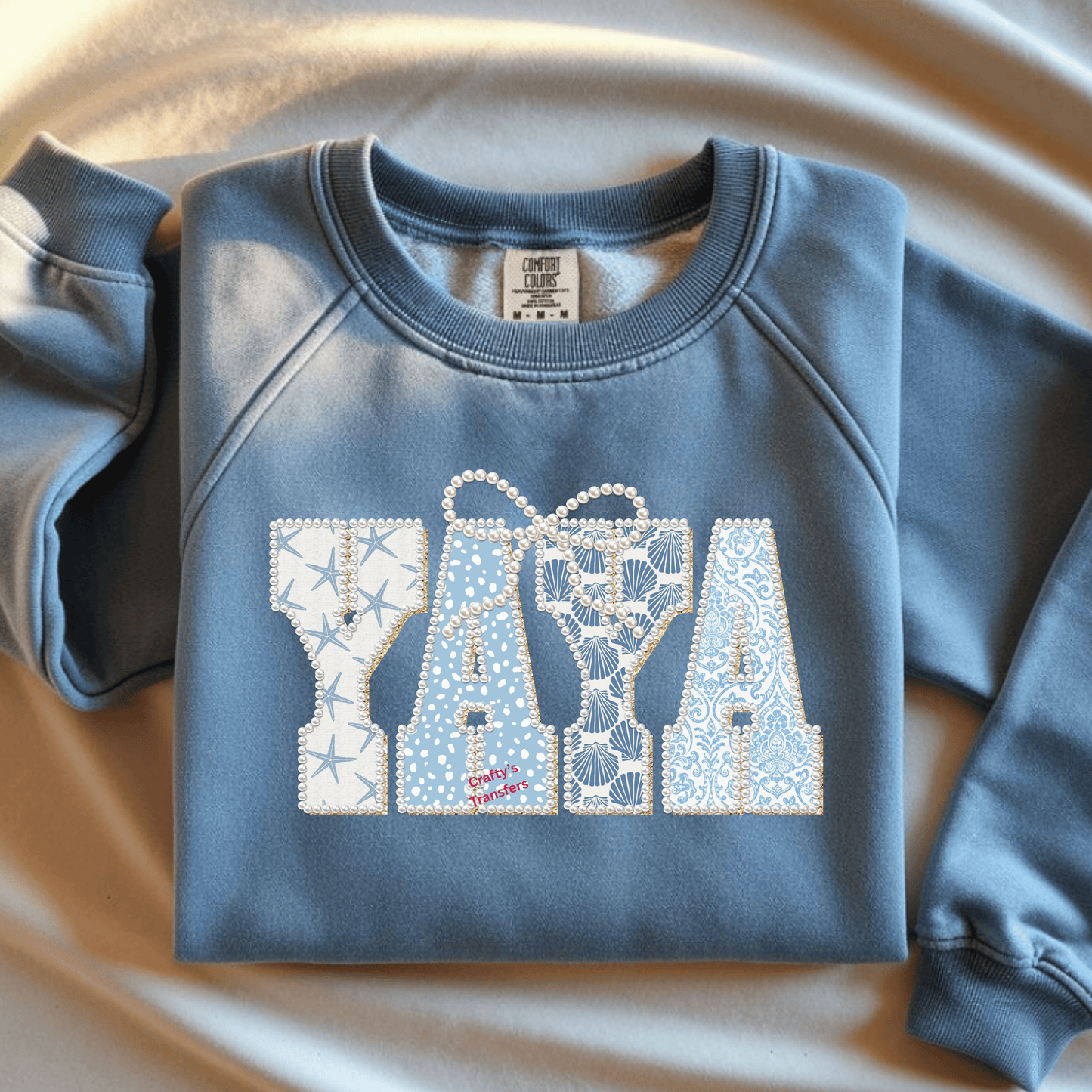 Mimi Nana Yaya Coastal DTF with Pearl Bow | Beach Gigi Shirt Design | Seashell Blue Pattern Graphic