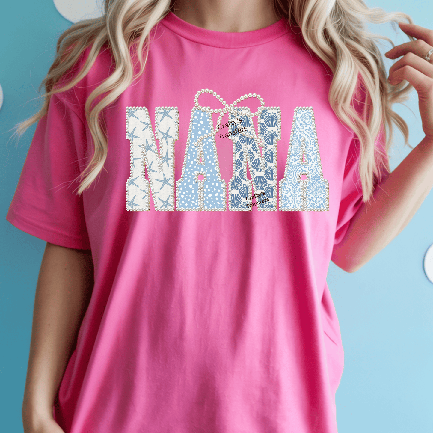 Mimi Nana Yaya Coastal DTF with Pearl Bow | Beach Gigi Shirt Design | Seashell Blue Pattern Graphic