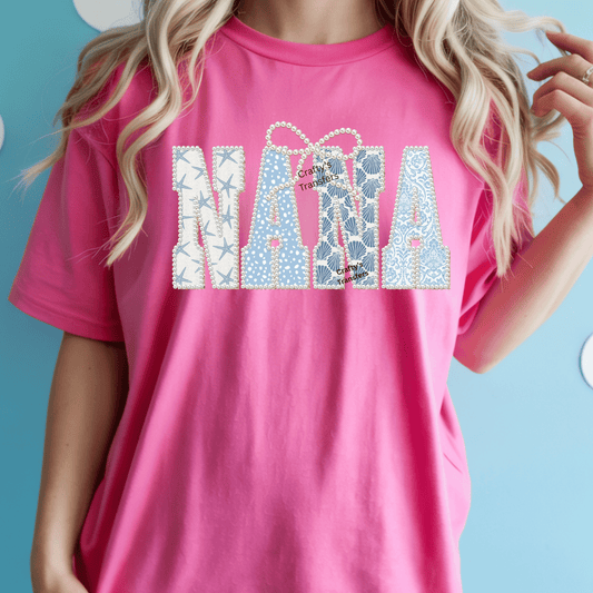 Mimi Nana Yaya Coastal DTF with Pearl Bow | Beach Gigi Shirt Design | Seashell Blue Pattern Graphic