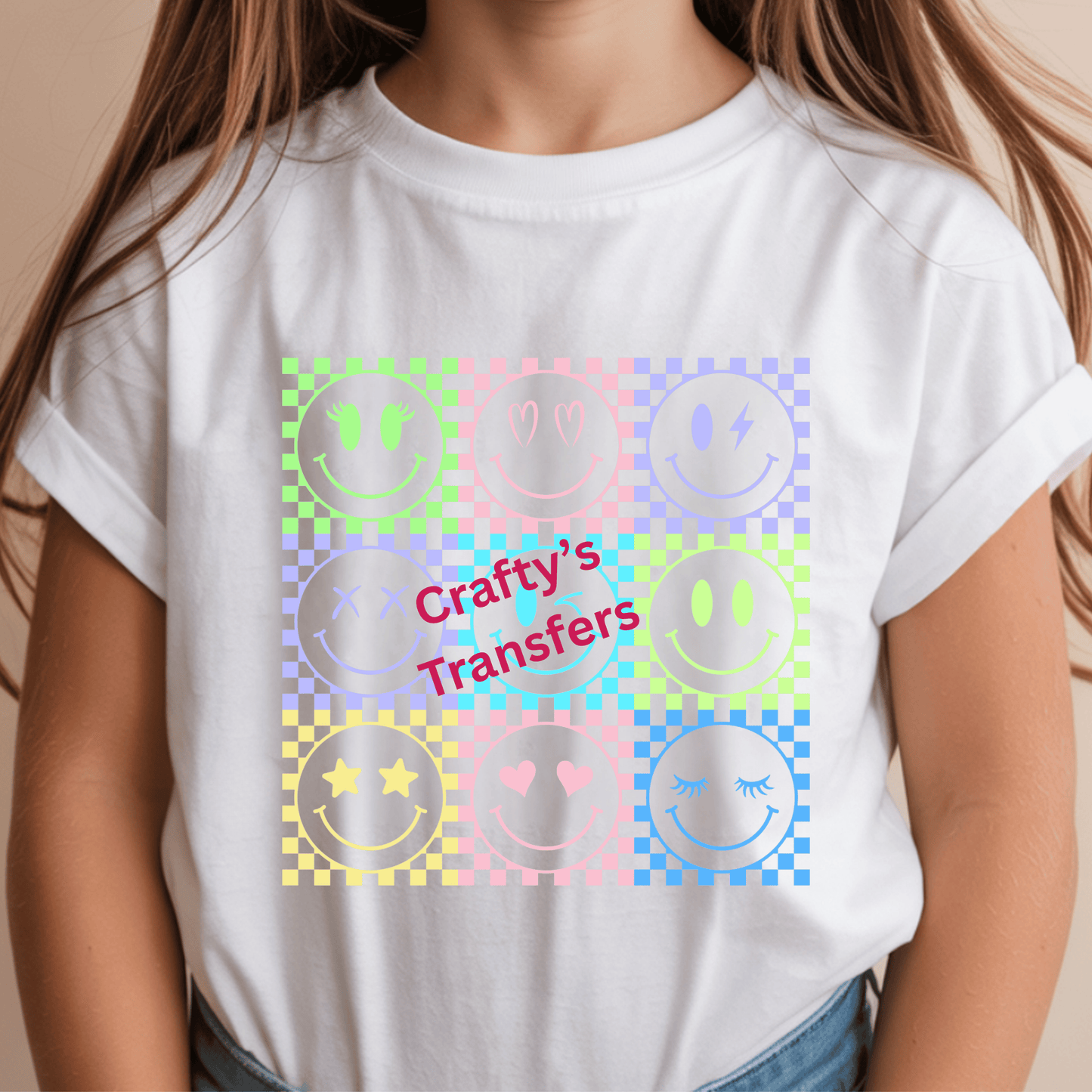 Colorful Smiley Face Grid DTF Transfer | Retro Checkered Happy Face Graphic | Trendy Y2K Neon Smiley Shirt Design