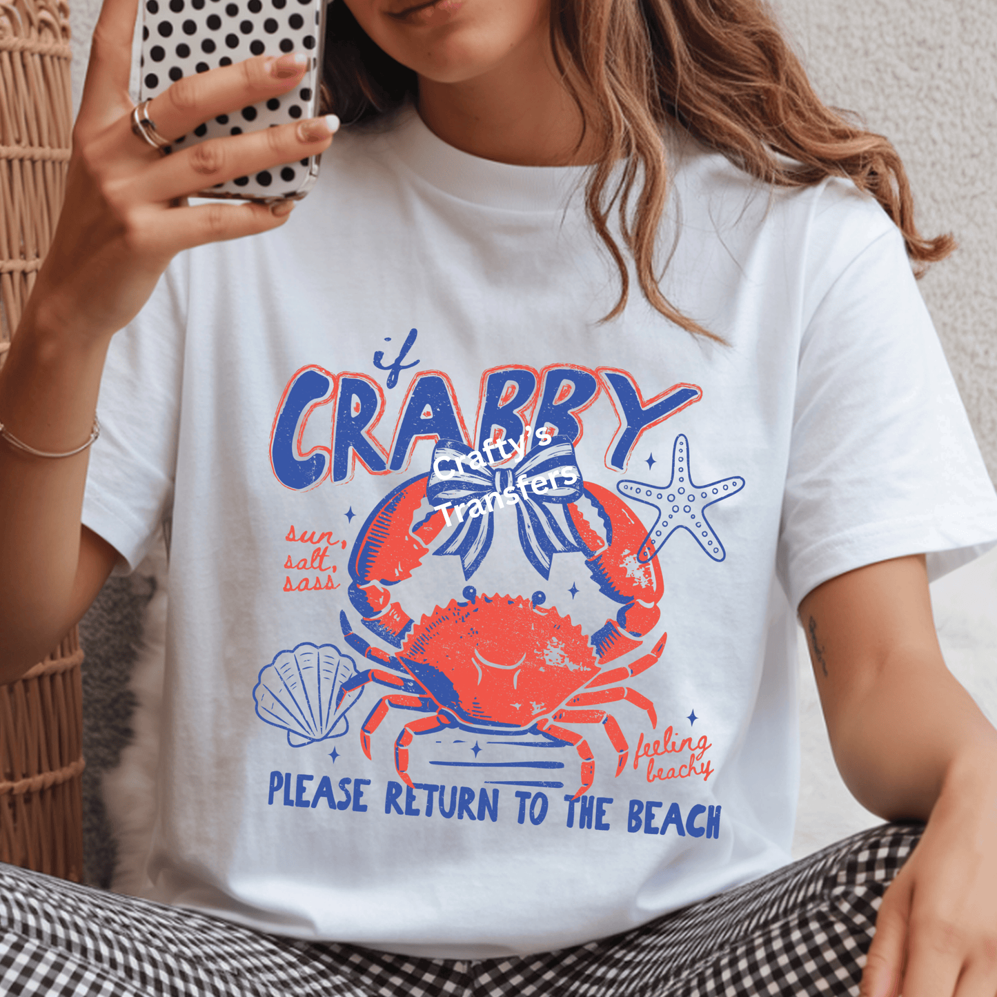 Preppy Crabby Beach DTF Transfer | Summer Sun Salt Sass Coastal Graphic | Cute Crab Bow Design Ready to Press
