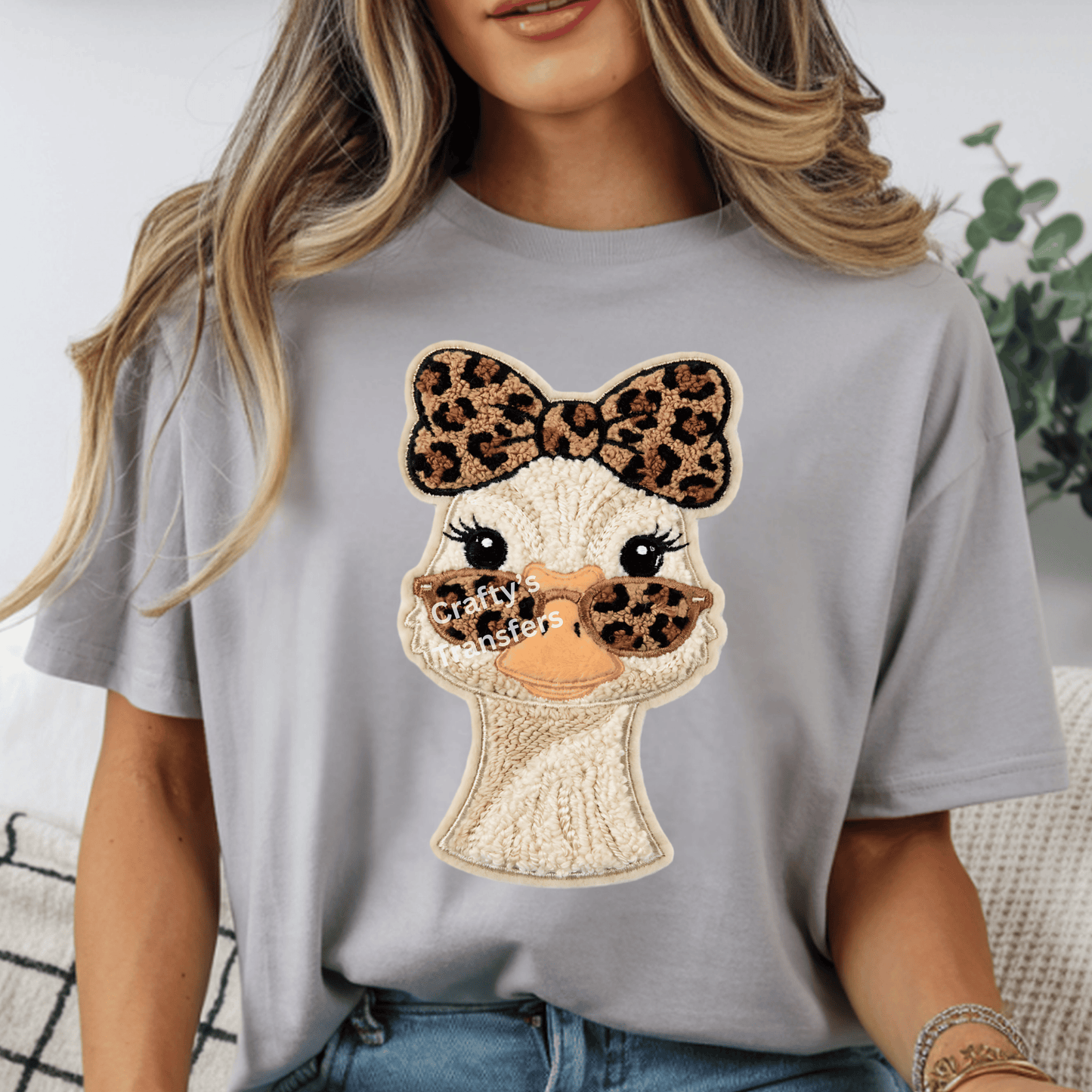 Preppy Goose Chenille Patch Style DTF Transfer | Leopard Bow Sunglasses Duck Graphic | Trendy Boutique Cute Animal Shirt Design