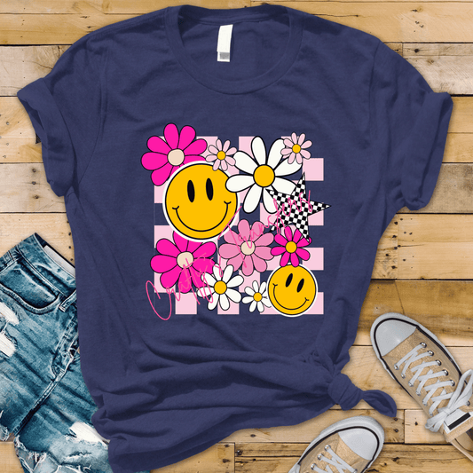 Groovy Smiley Face Floral DTF Transfer | Retro Pink Daisy Checkered Star Cute Graphic Heat Transfer