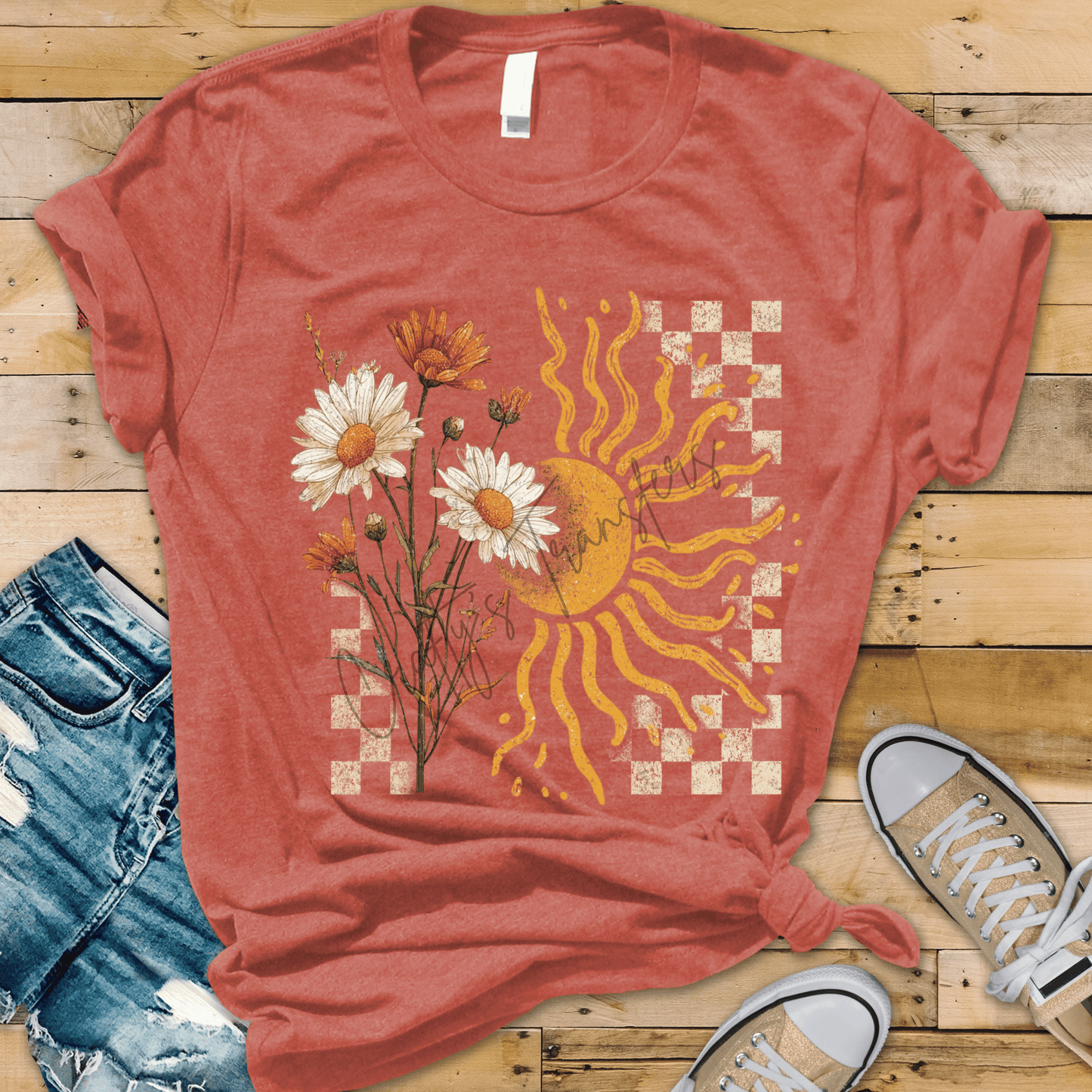 Boho Sunflower Daisy DTF Transfer | Retro Wavy Sun Floral Design | Vintage Checkered Background Graphic | Summer Western Shirt Transfer